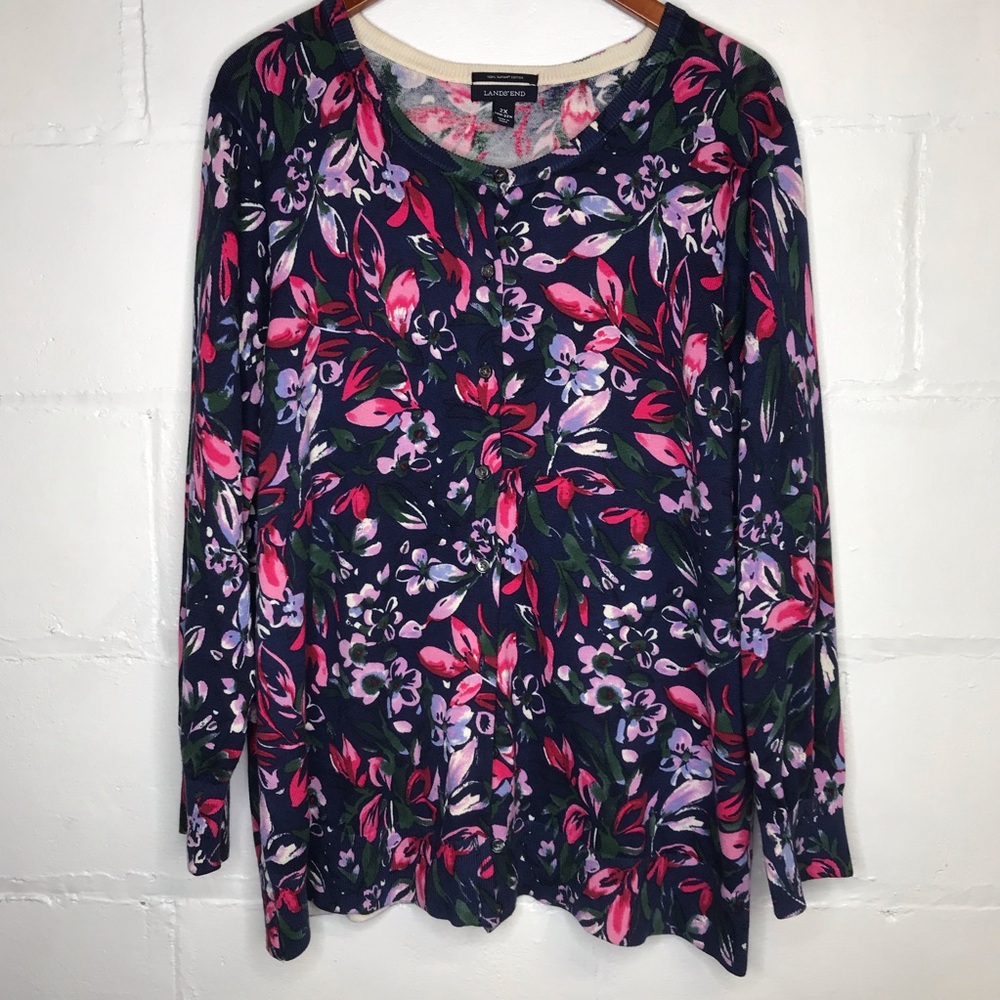 Lands End Supima Cotton Floral Cardigan Sweater
